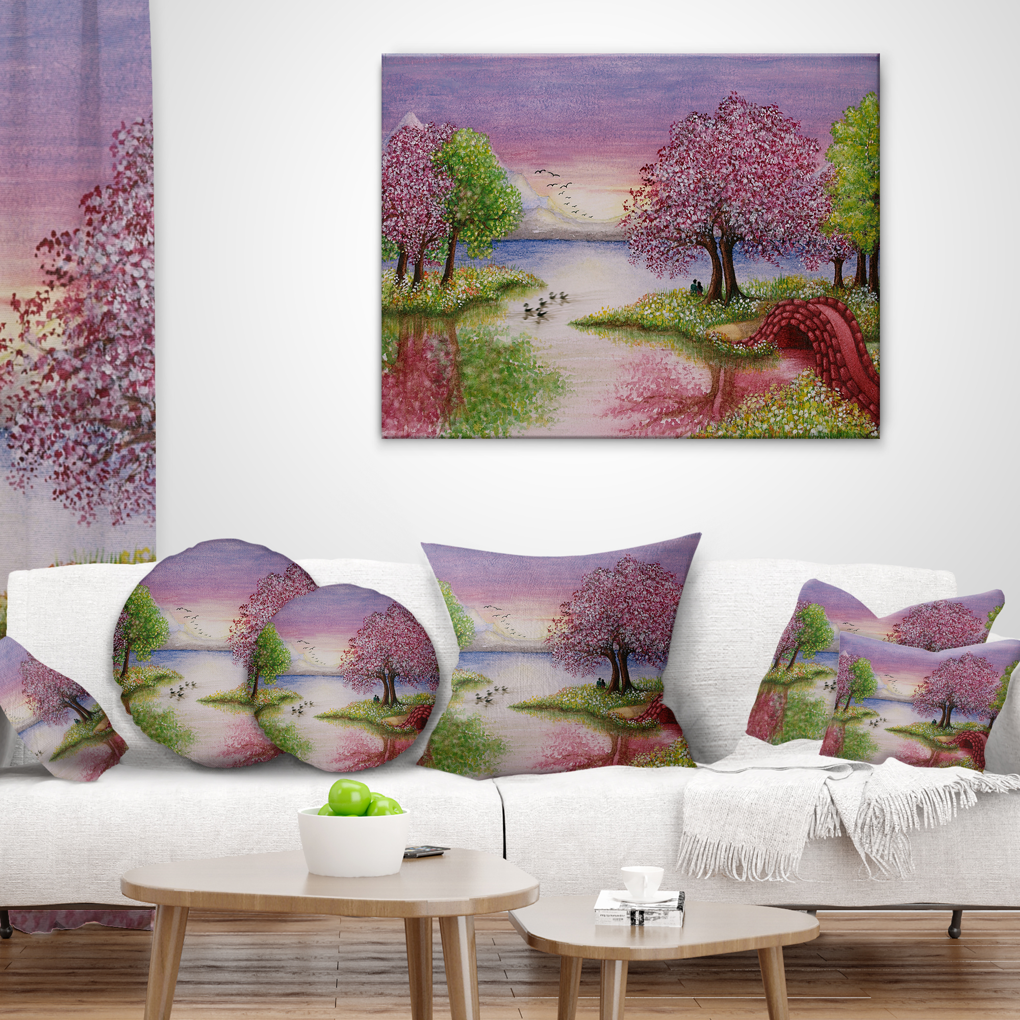 Designart Romantic Lake in Pink and Green - Landscape Printed Throw Pillow - 12x20