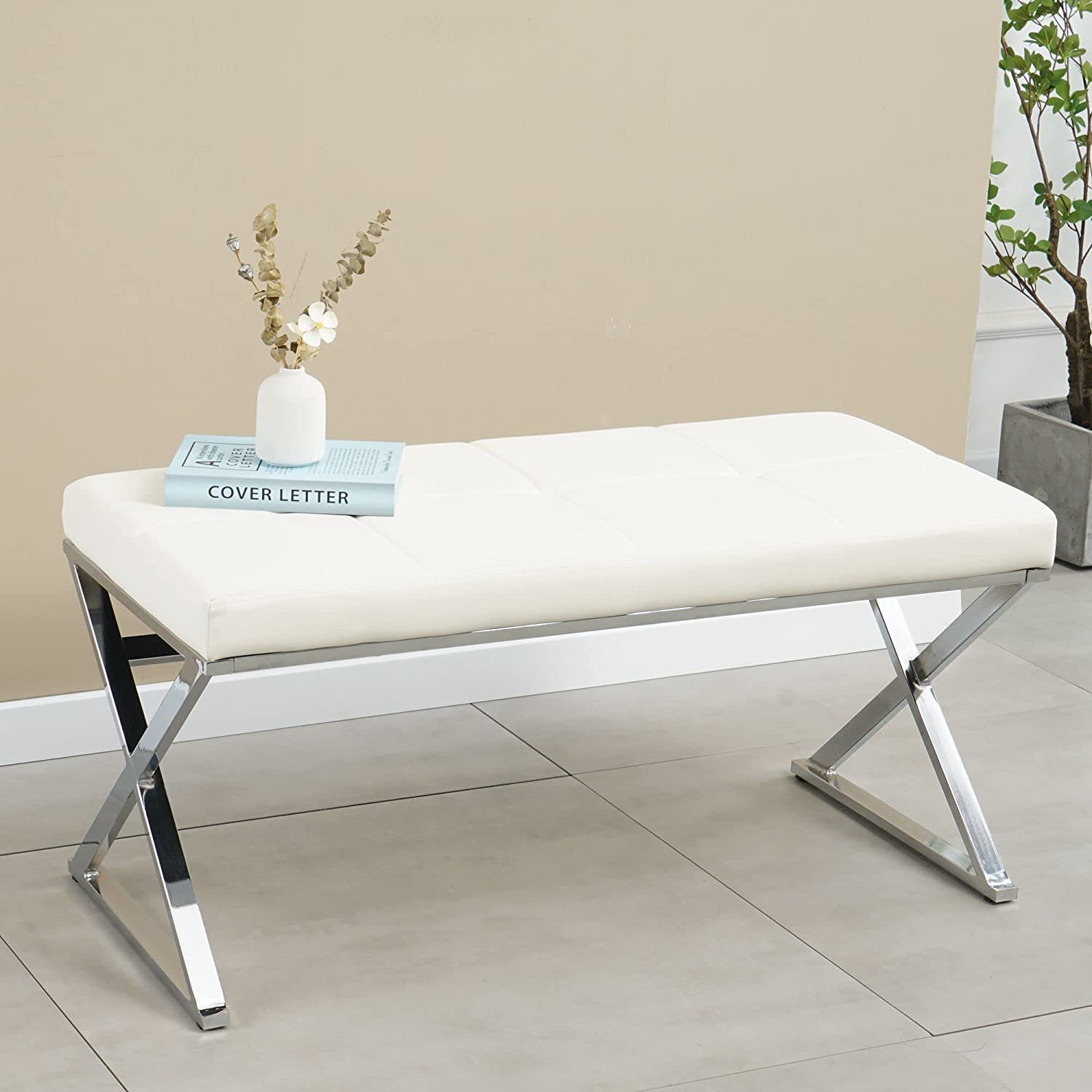 Upholstered Dining Bench with Metal Legs, Long Entryway Bench, Rectangular PU Seat Bench, Luxury