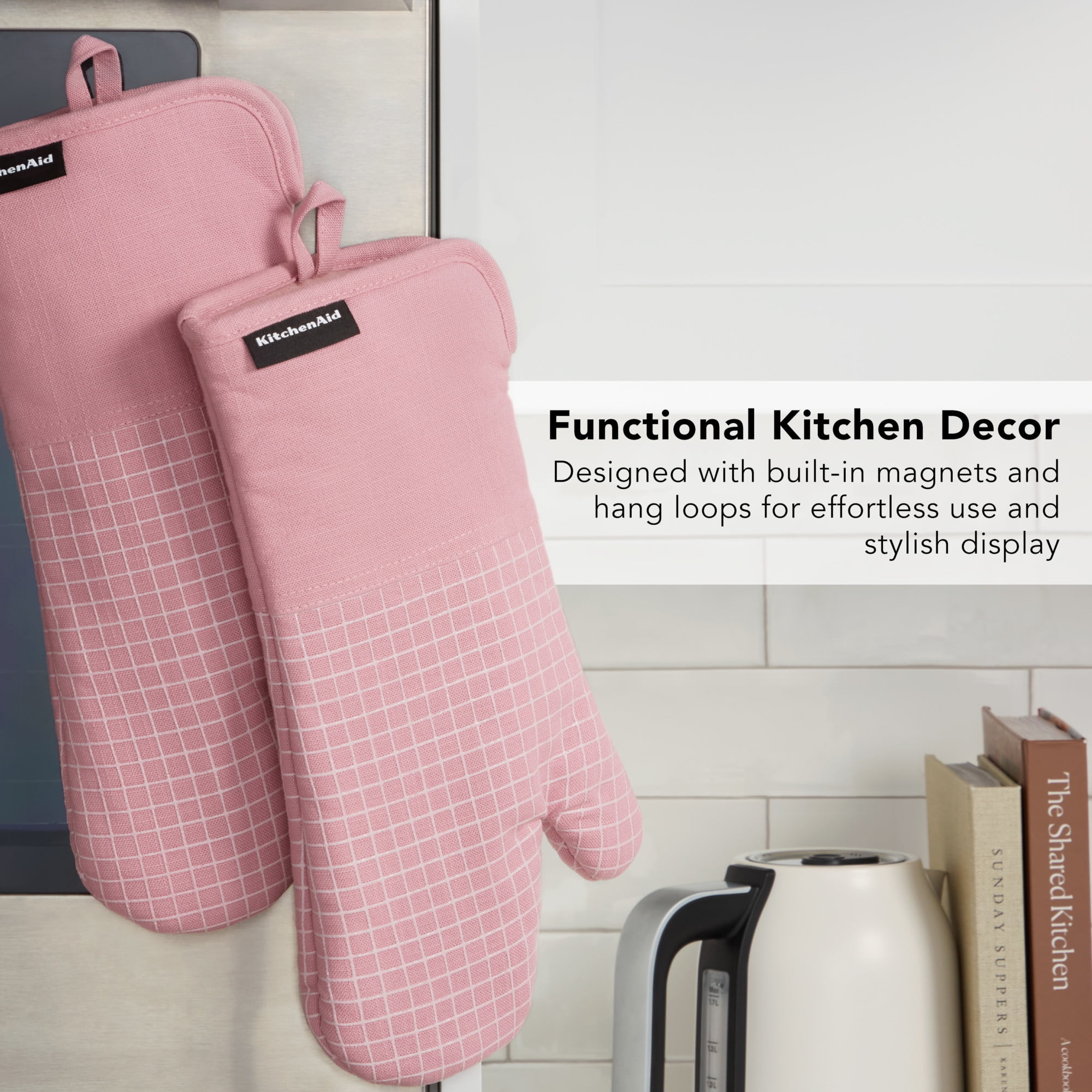 KITCHENAID Gourmet Series Gridlines Oven Mitts 2-Pack Set, Heat Resistant up to 600°F, Soft Silicone Grip, Magnetic Cuff, Dried Rose, 7"x14"