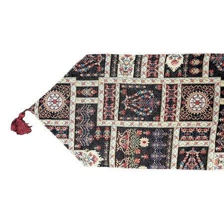 

Dark Mughal Floral Art Tapestry Table Runner - Oriental Botanical Fleur Leaves Flowers Multi-Colorful Black Vintage Garden - Woven Decor Linen Kitchen Dining Table Mat - 13” X 72
