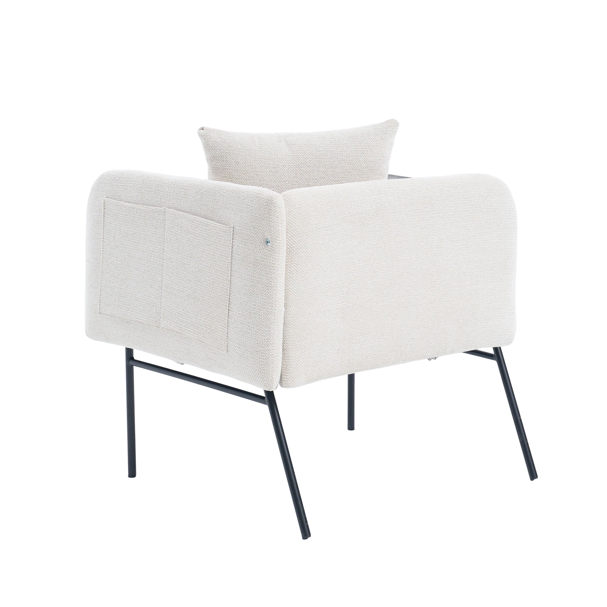 Leisure Lounge Chair with Side Table and Back Pillow, Modern Upholstered Accent Armchair Single Sofa with Metal Legs and Side Pockets, Living Room Bedroom Reading Seating, Beige