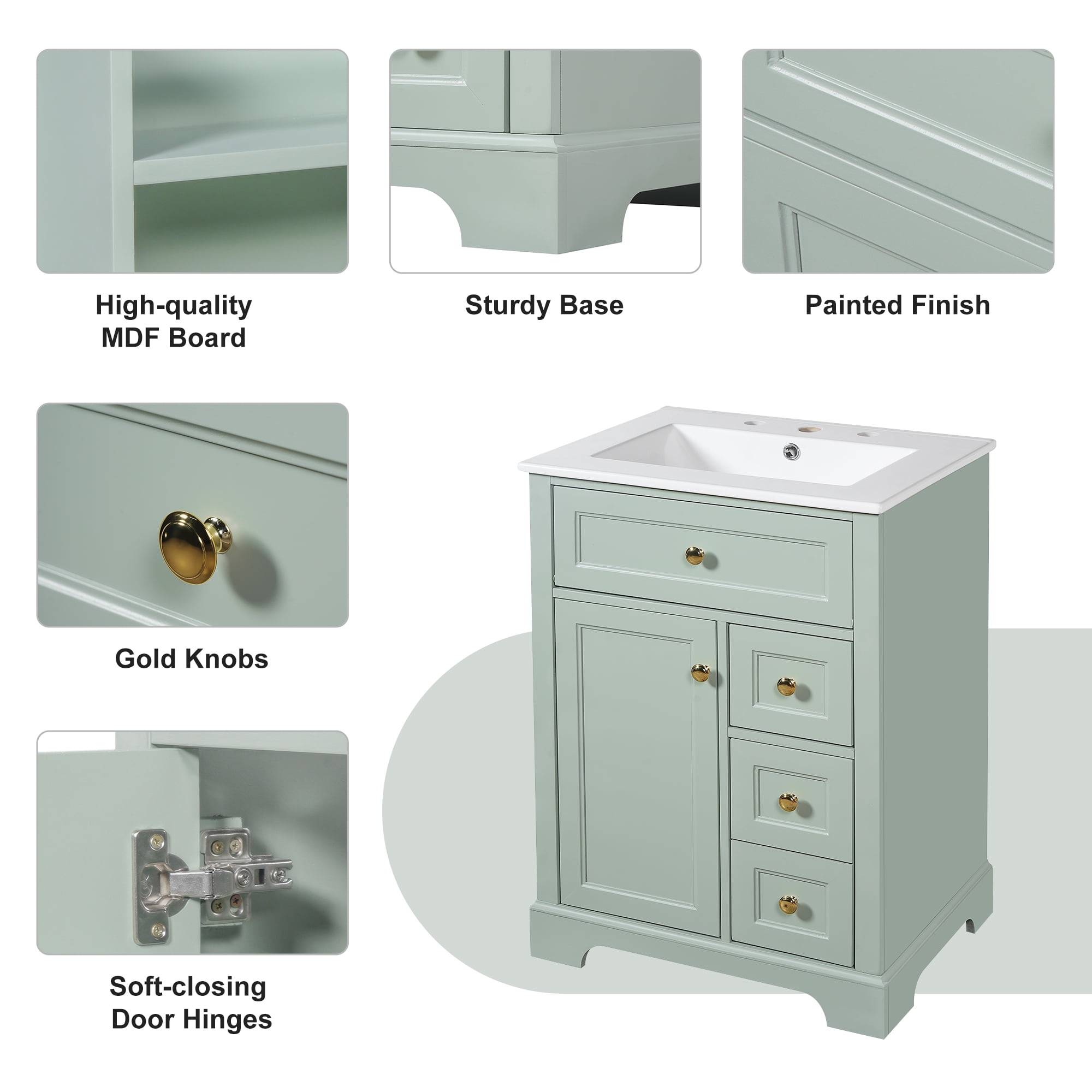 24 Inch Bathroom Vanity with Sink, Green Bathroom Vanity with 3 Drawers & Cabinet, Soft Close Door with Storage Rack, Modern Vanity for Small Bathroom, Freestanding Design