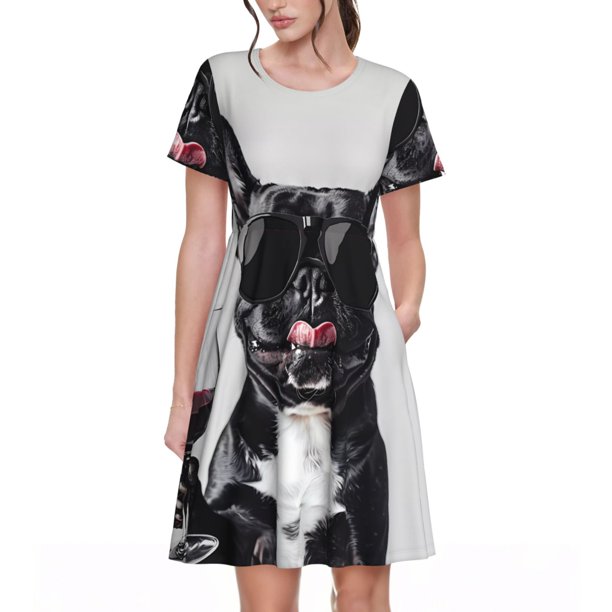 Easygdp Cool French Bulldog Wine para Vestido Transpirable de Mujer, Vestido Suelto de Manga Corta con Pliegues y Bolsillos para el Verano