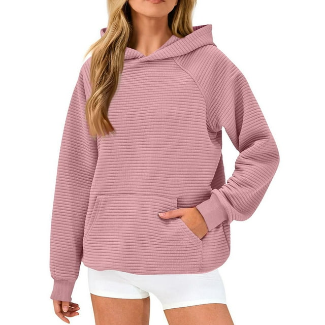 Womens Oversized Hoodies Waffle Sweatshirts Fall Fashion Pullover Sweaters Winter Clothes Pink M