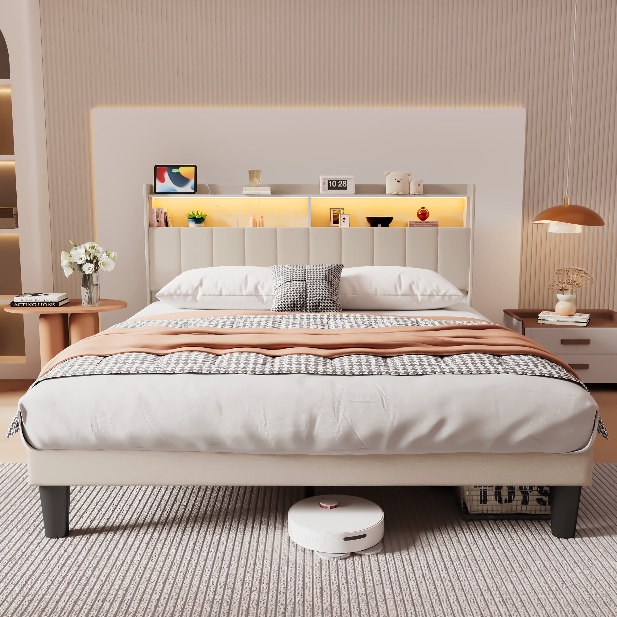Asofer Queen Bed Frame With  RGB LED Smart RGB LED Lights & Charging Station, No Box Spring & Wood Slats, Beige