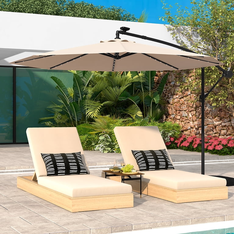 10 foot offset patio umbrella with solar lights 373.99 HOMSHADE 10FT LED Cantilever Base Included, Beige 10FT SOLAR 10FT Solar Offset Patio Umbrella,
