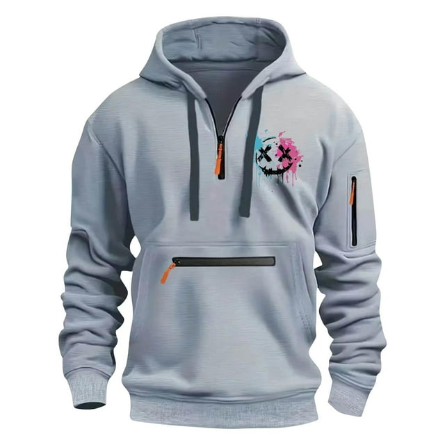 Styesk Sweatshirts for Men Men's Spring And Fall Printed Hooded Sweatshirt Zipper Multi-Pocket Pullover Sweatshirt