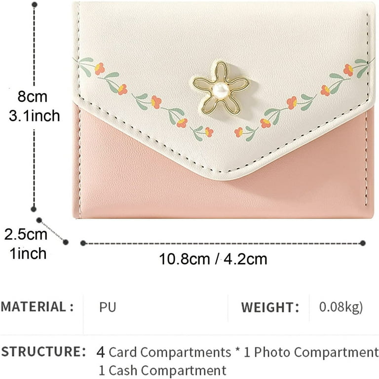 Mercita Girls Flower Print Wallet Small Aesthetic Tri-Fold Purse PU Leather Cash Pocket ID Window Card Holder for Women/Pink, Women's