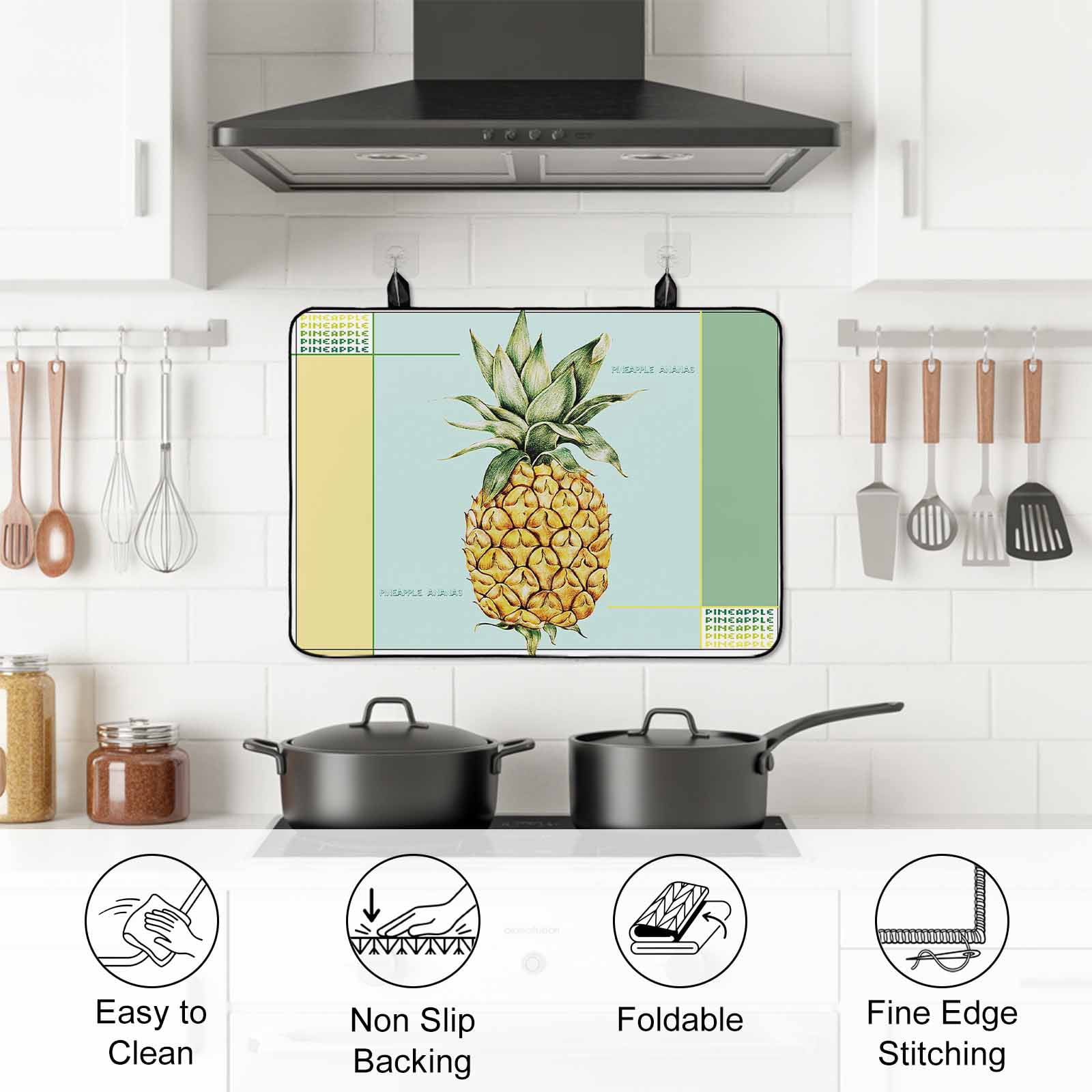 Summer Pineapple Stove Top Cover for Electric Stove, Heat-proof & Non Slip Glass Top Stove Cover Protector, Yellow Blue Green Striped Geometric Kitchen Flat Cooktop Rubber Mat 24x21 Inches