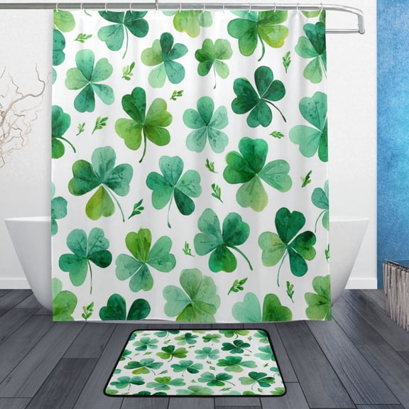 TTYFWHD 60" x 72" Shower Curtain and Bath Mat Set Shamrocks and Clovers Pattern Waterproof Bathroom Curtain with 12 Hooks, Bathroom Decor Set