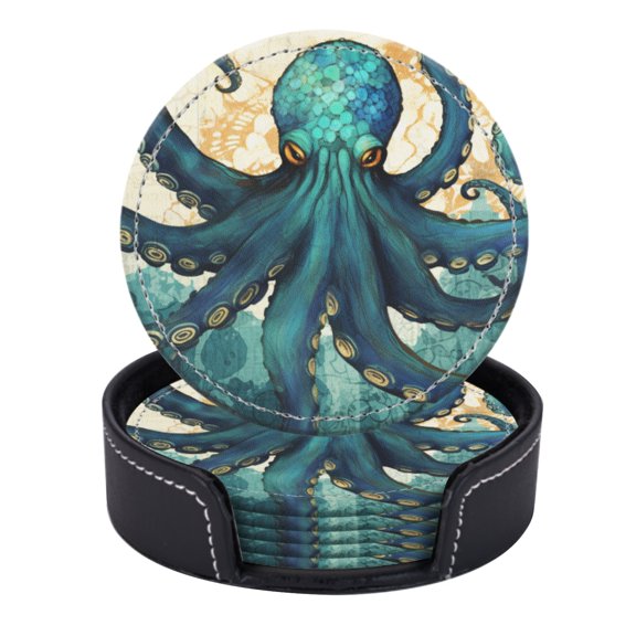PU Leather Coasters for Drinks Bar Beer,Set of 6 with Holder,Round Housewarming Gift,Teal Octopus With Intricate Tentacles