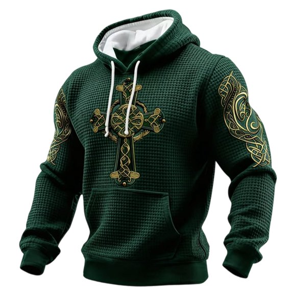 Ludearly St. Patrick's Day Hoodies for Men Irish Shamrock Casual Clover Graphic Waffle Knit Pullover Casual Shirt Holiday Outfit Dark Green8&S