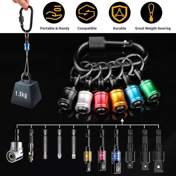 10Pcs 1/4 Inch Hex Shank Screwdriver Bit Holder Aluminum Alloy Bit Holder Keychain with Carabiner Bit Holder Extension Bar Quick Change Drill Bit Holder for Drill Bits Drivers