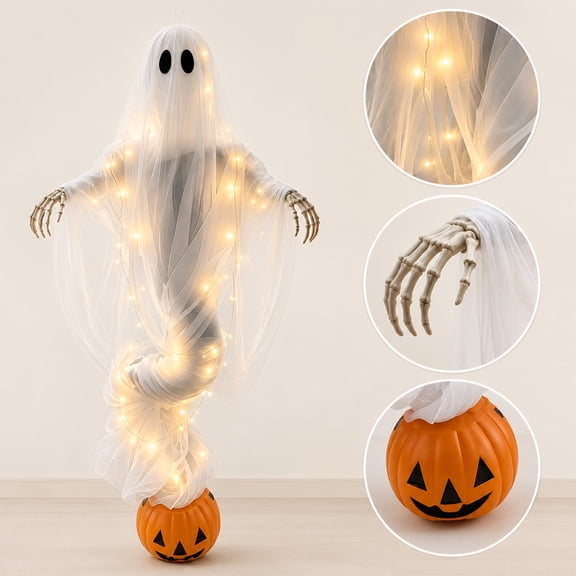 Halloween Swirling Ghost Pumpkin Light, 43.3 Inch Lighted Ghost and Jack-O-Lantern Yard Decoration for Porch Lawn Garden Patio Indoor Outdoor Halloween Display