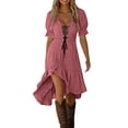 thumbnail image 3 of Aboser Cowgirl Western Dress for Women Vintage Lace Up Sundress Casual Puff Sleeve Cocktail Dresses High Low Irregular Hem Midi Dress Flowy Vacation Beach Dresses, 3 of 7