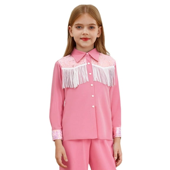 Aislor Girls Sequin Fringe Button Down Shirt Long Sleeve Sparkly Blouse Top Western Cowgirl Outfit Pink 6