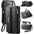 thumbnail image 1 of Funda tipo cartera para iPhone 17 Pro Max: funda de piel sintética con bloqueo RFID, tarjetero, bolsillo con cremallera, soporte, cierre magnético y correa para el hombro y la muñeca, 1 of 9