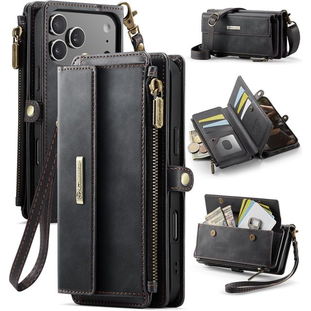 Funda tipo cartera para iPhone 17 Pro Max: funda de piel sintética con bloqueo RFID, tarjetero, bolsillo con cremallera, soporte, cierre magnético y correa para el hombro y la muñeca