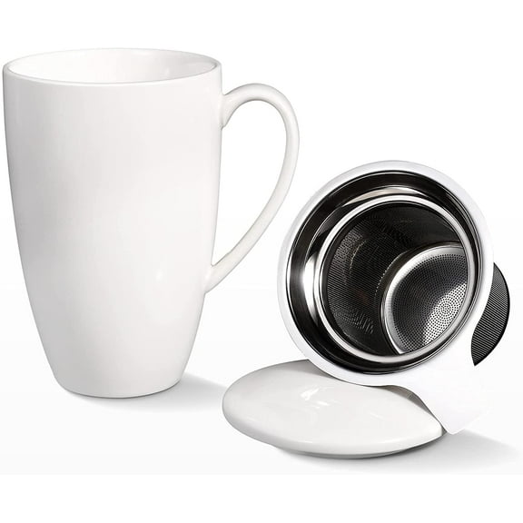 Acekid 16oz Ceramic Mug with Lid, Color Glaze Tea Mug, Dishwasher Safe, Easy Hold, Perfect for Tea, Coffee, White