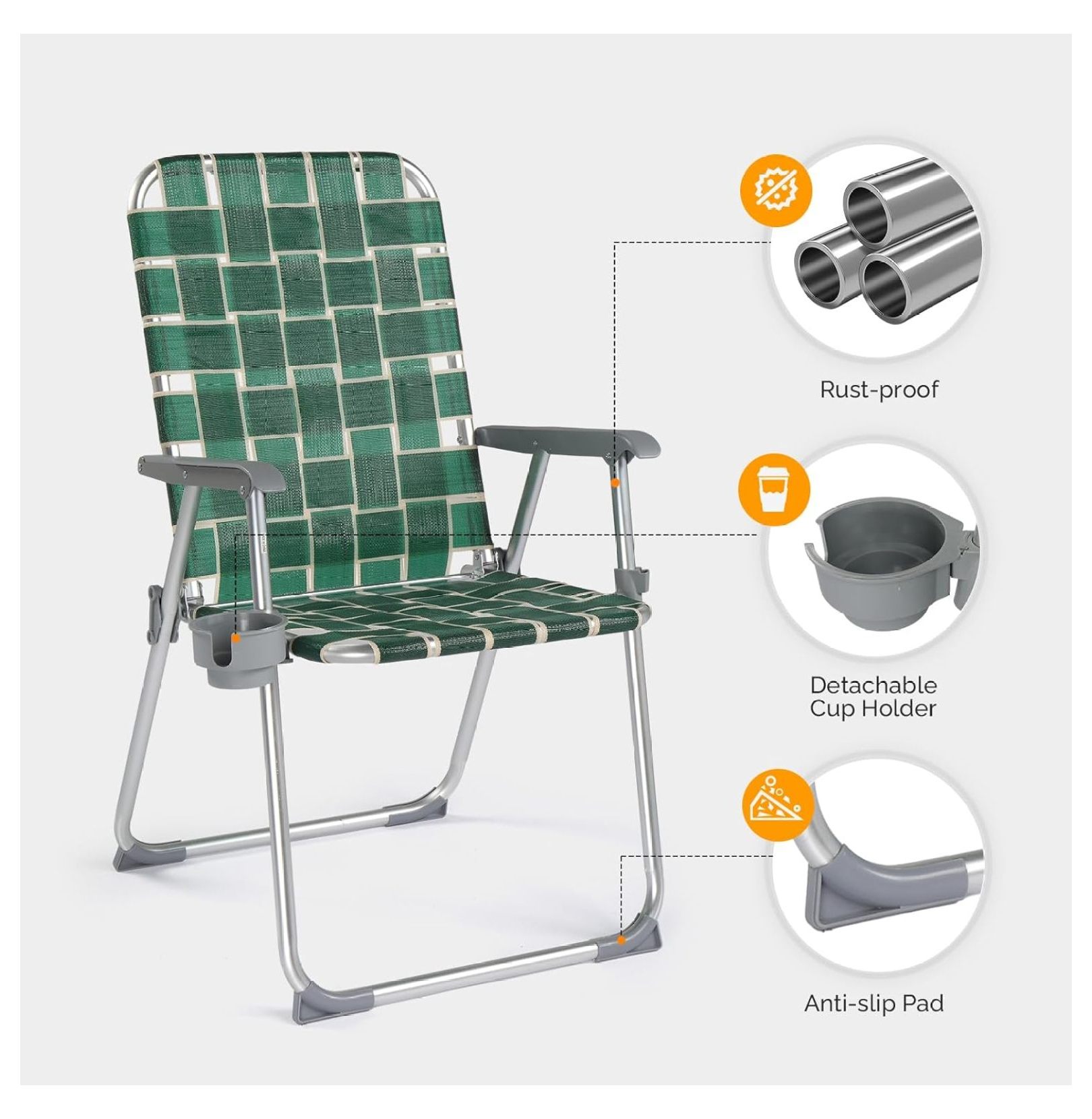 wangc123 Folding Aluminum Webbed Lawn Chairs with Detachable Cup Holder High Beach Chair for Adults Heavy Duty Portable Patio Chair Camping Chair for Yard Garden 2 Pack Walmart
