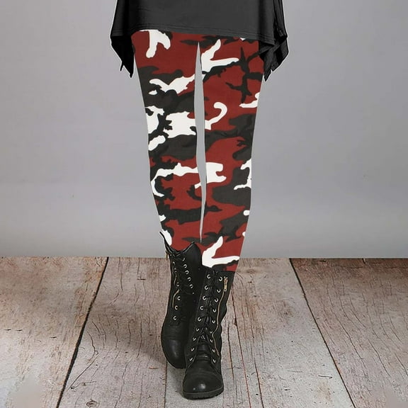 AKEGAMN Autumn Winter Camouflage Leggings Artistic Printed Stretchy Pants, Red S-5XL