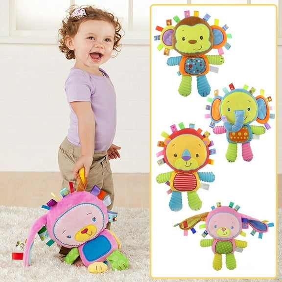 YujiCraft Kid Comfort Doll Cartoon Animal Tag Plush Toy with Built-in Rattle, Soft Sensory Soothing Gift,A