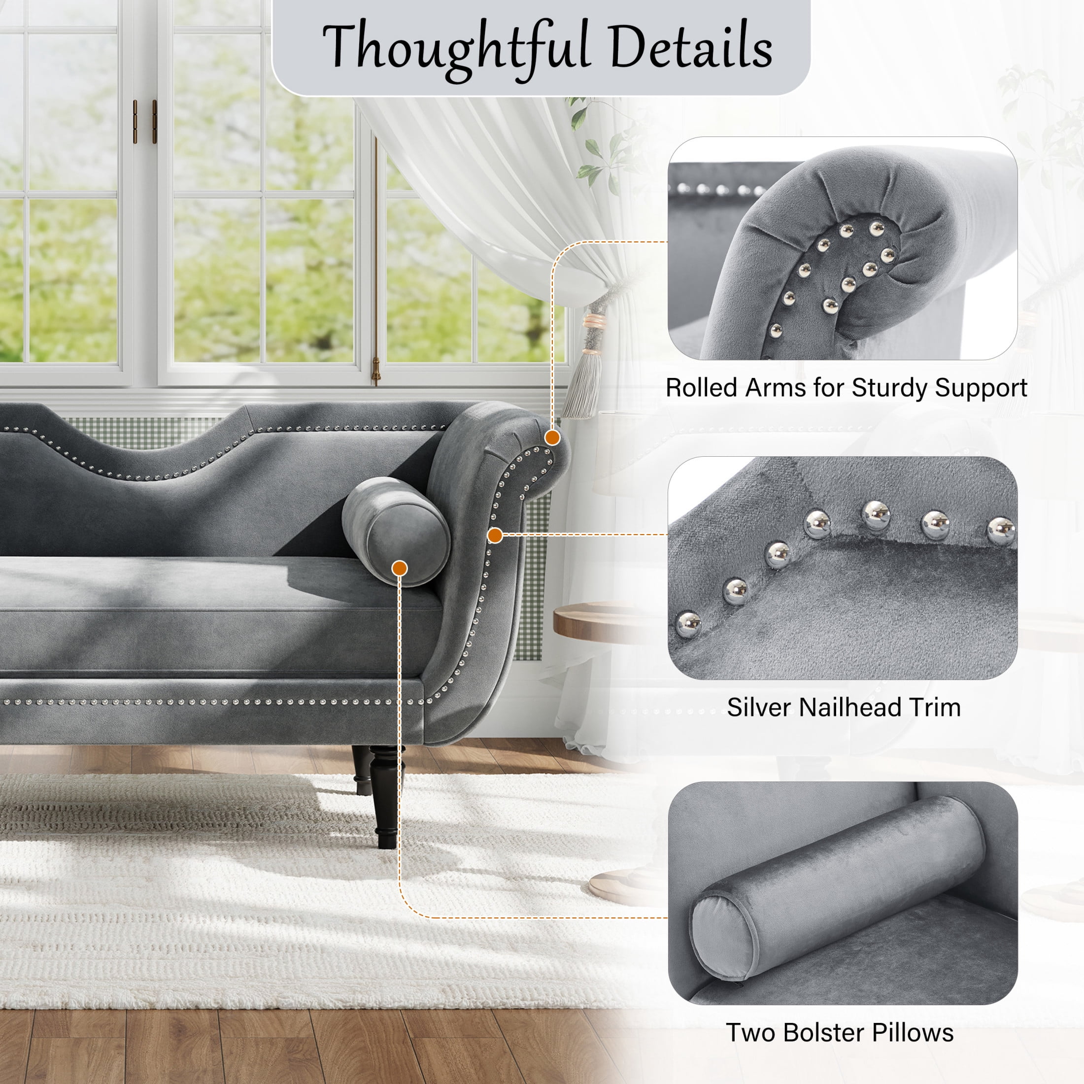 Christopher Knight Home 53" Luxury Velvet Upholstered Bench with Nailhead Trim and Curved Arms, 2 Pillows, Gray
