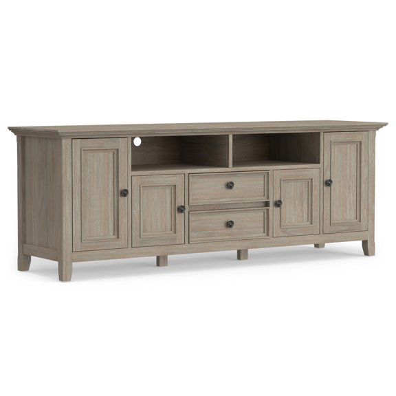 Simpli Home Amherst 72 inch Wide Solid Wood Transitional TV Stand in Distressed Grey For TVs up to 80 inches