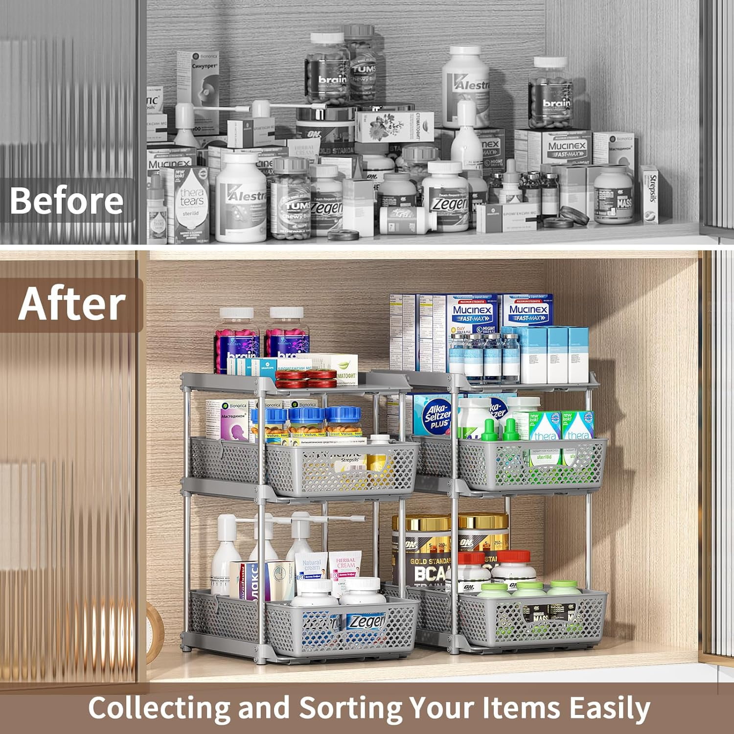 TAIMASI Pull-Out 3 Tier Bathroom Organizers and Storage, Under Sink Organizer, Kitchen Cabinet Organizer Gray, 2 (Count)