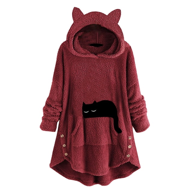 Gibobby Sudadera en Ligero y calientito Sudadera con capucha con orejas de y bolsillo para mujer, camisa de forro polar con botones, estampado clásico, suéter de manga larga clásica (Rojo, M)
