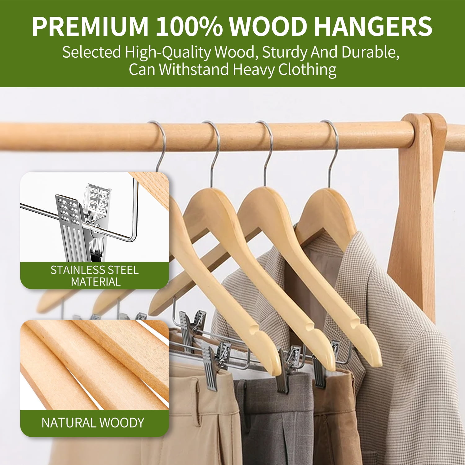 Wooden Hanger with Clips 12 Pack : Askmuse Natural Coat Hanger for Closet, Wooden Clothing Hanger with Shoulder Grooves, 360 Degree Rotatable Hook, Wood Hanger for Shirts, Jackets, Dress, Pant