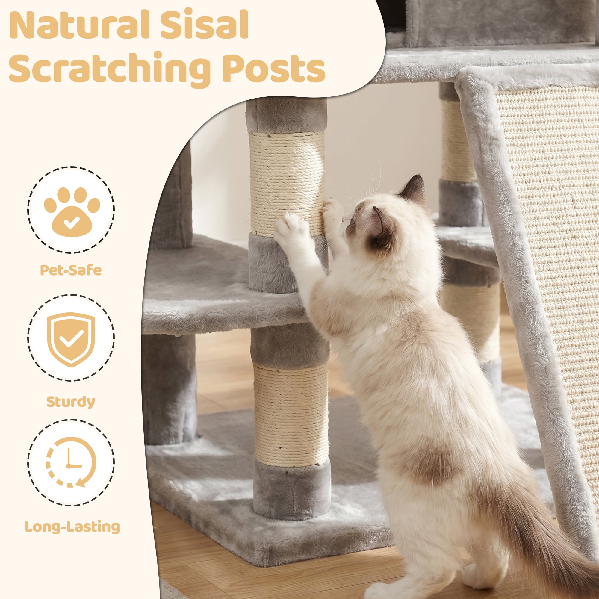 FOOWIN 70.8" Large Cat Tree, Multi-Level Cat Tower with Sisal Scratching Posts, Cat Activity Center Cat Play House, Gray