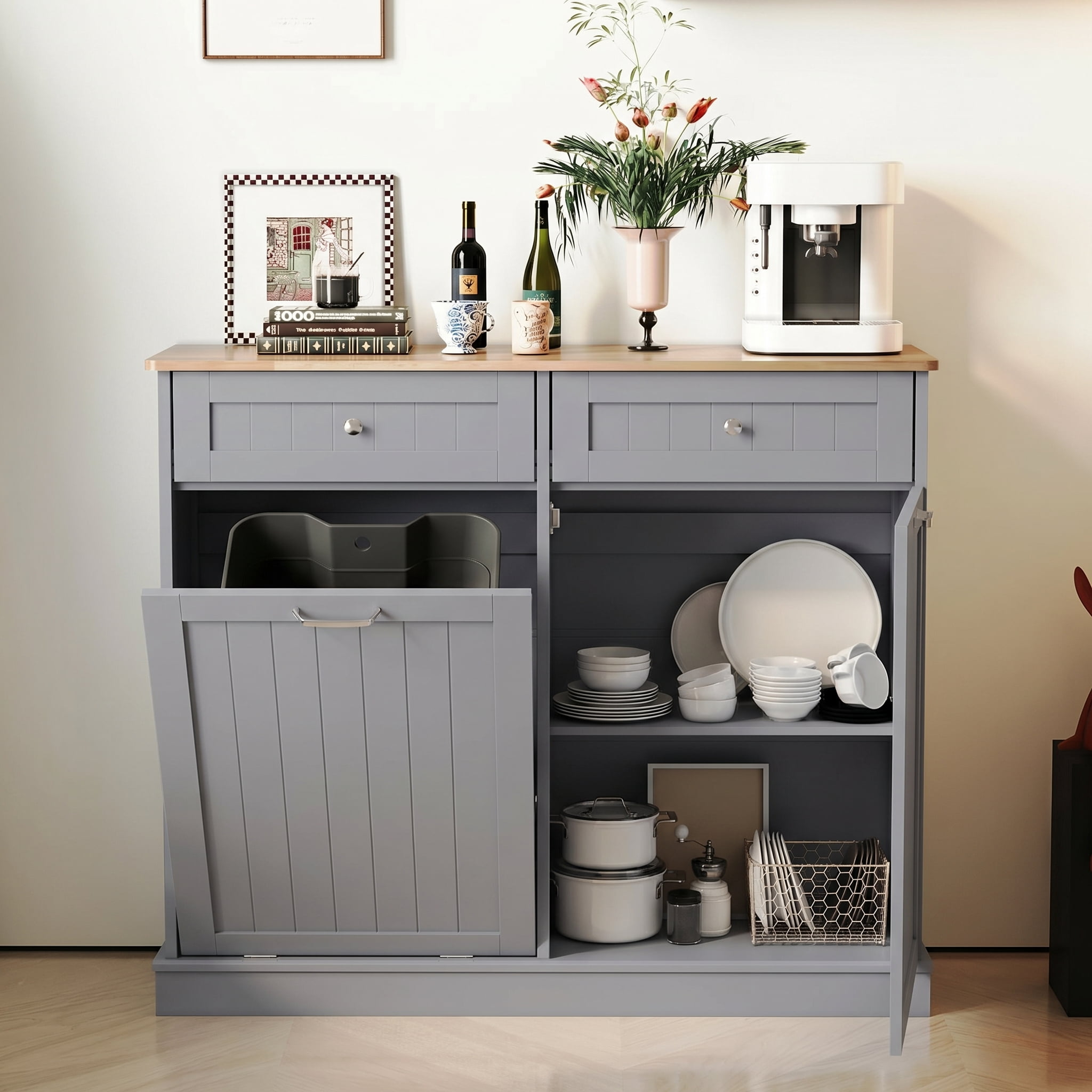 AHB 13 Gallon Single Tilt Out Trash Cabinet with Drawer and Handle, Kitchen Trash Can Storage Organizer, 39.4"L x 14"W x 38.3"H, Gray