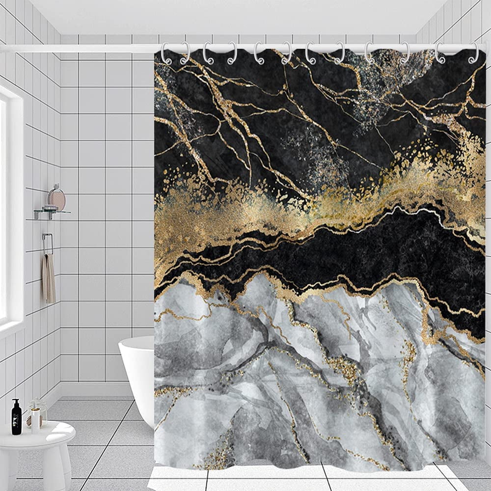 Marble Bathroom Shower Curtain Black Grey Gold Waterproof Fabric Shower Curtains with Hooks Watercolor Abstract Shower Curtains Cloth for Home Bath Decor 72x72 inches