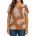 thumbnail image 3 of Iaqnaocc Hawaiian Scrub Tops Women Funny Maple Leaf Print Nursing Uniform Trendy V Neck Side Slits Scrub Tops Holiday Short Sleeve Medical Workwear with Pockets Light Brown XL, 3 of 4