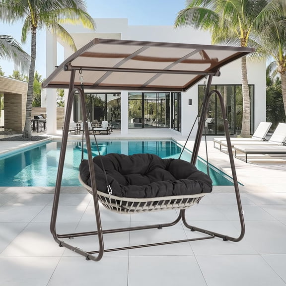 PXZEE 2-Seat Hardtop Porch Swing with Polycarbonate (PC) Canopy, All-Weather Outdoor Swing Chair with 4.7" Thick Cushion and Hand-Woven Rope, Heavy Duty Steel Frame for Patio, Garden, Black