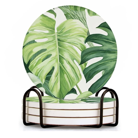 BaHomeck Drink Coasters Set of 4 with Holder Vibrant green monstera leaves in watercolor on white background Water Absorbent Ceramic Coasters Tabletop Protection,Suitable for Various Cup ,Home Decor