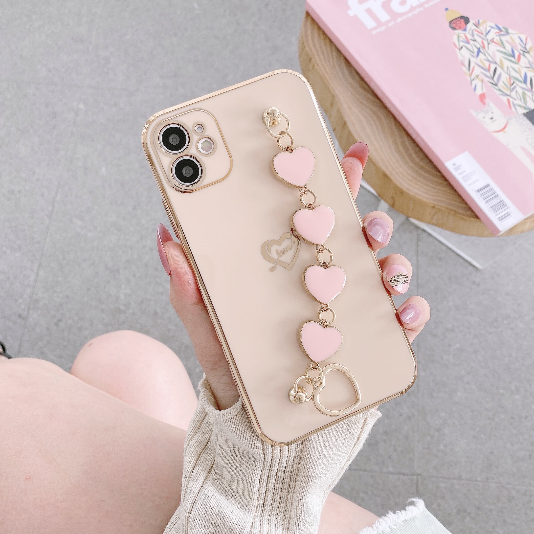 Dteck Luxury iPhone 11 Pro Max Cute Case for Women,Sparkle Plating Heart Case with Chain Strap Camera Lens Protective Girly Case for iPhone 11 Pro Max