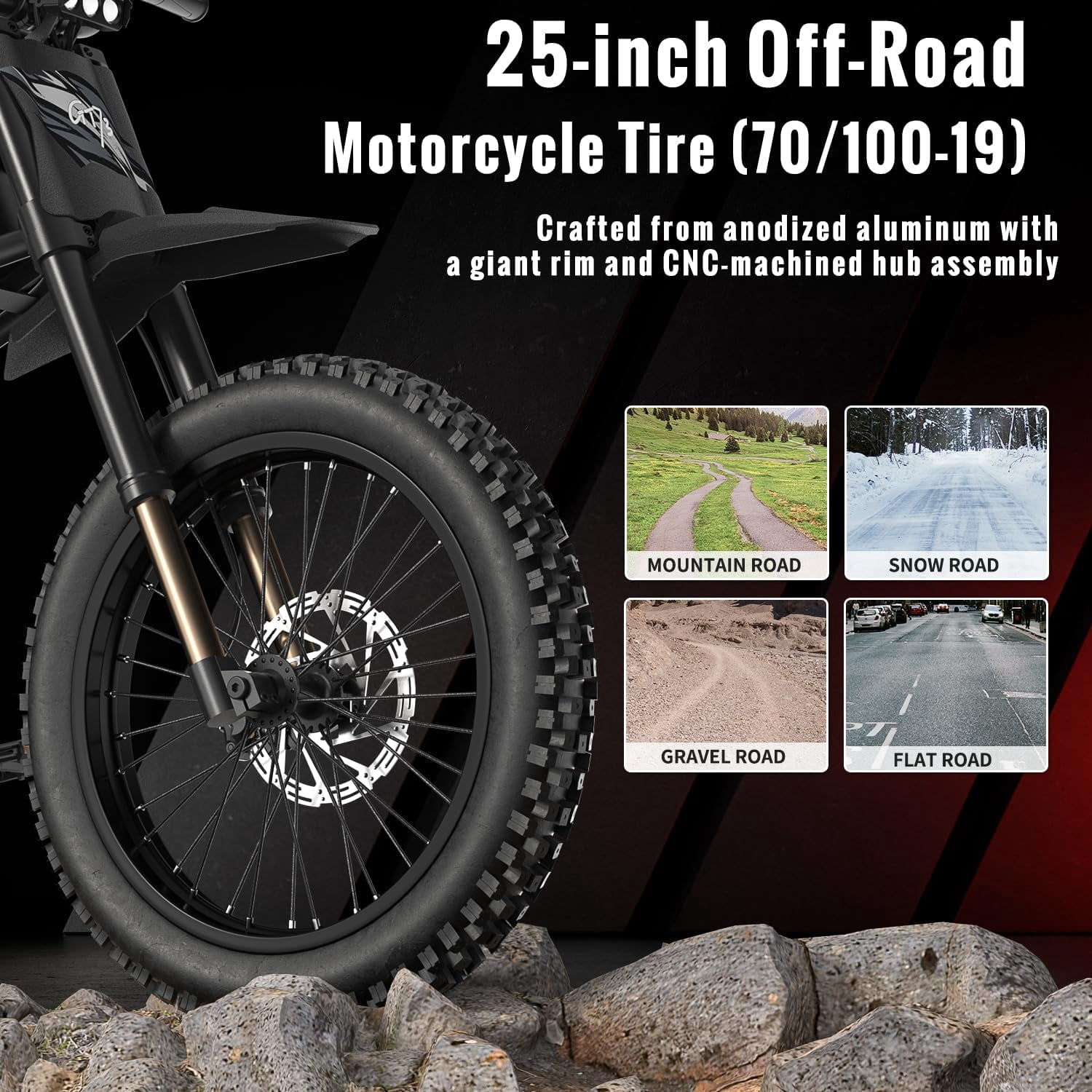Riding'Times 2400W 48V Electric Dirt Bike for Adults Ridingtimes GT73,brushless Hub Motor,18.2AH*2 Electric BIKE with 25" tires digital screen Carbon Steel,BLACK
