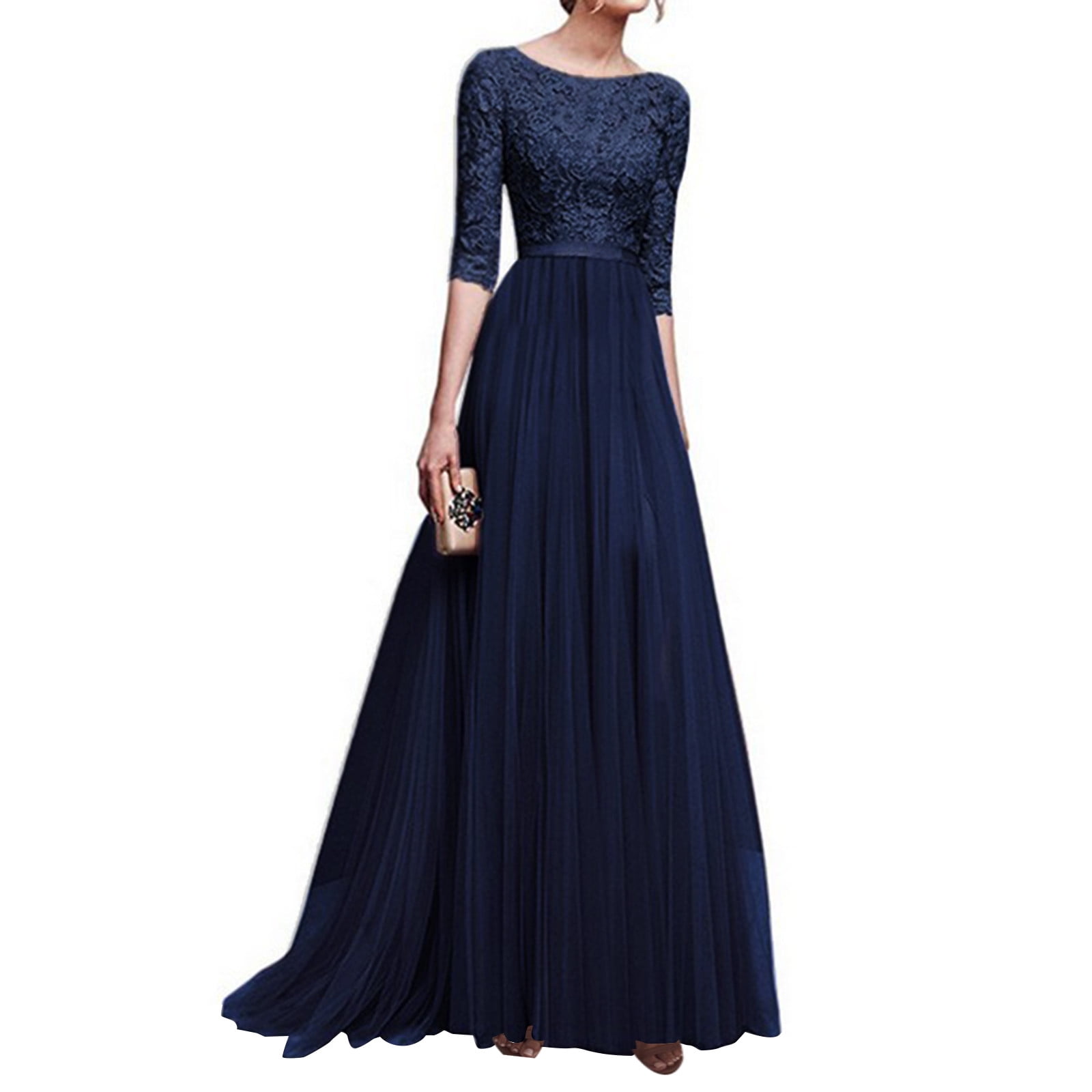 esperanza Ostentoso Comenzar LINMOUA dress for Women Summer Casual Solid Color O-neck Back Zipper  Mid-sleeve Stitching Lace Mesh With Lining A-line Evening Dress -  Walmart.com
