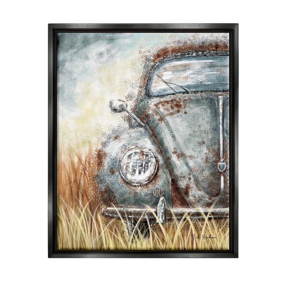 Stupell Industries Vintage Car Country Field Transportation Painting Black Floater Framed Art Print Wall Art, 17 x 21