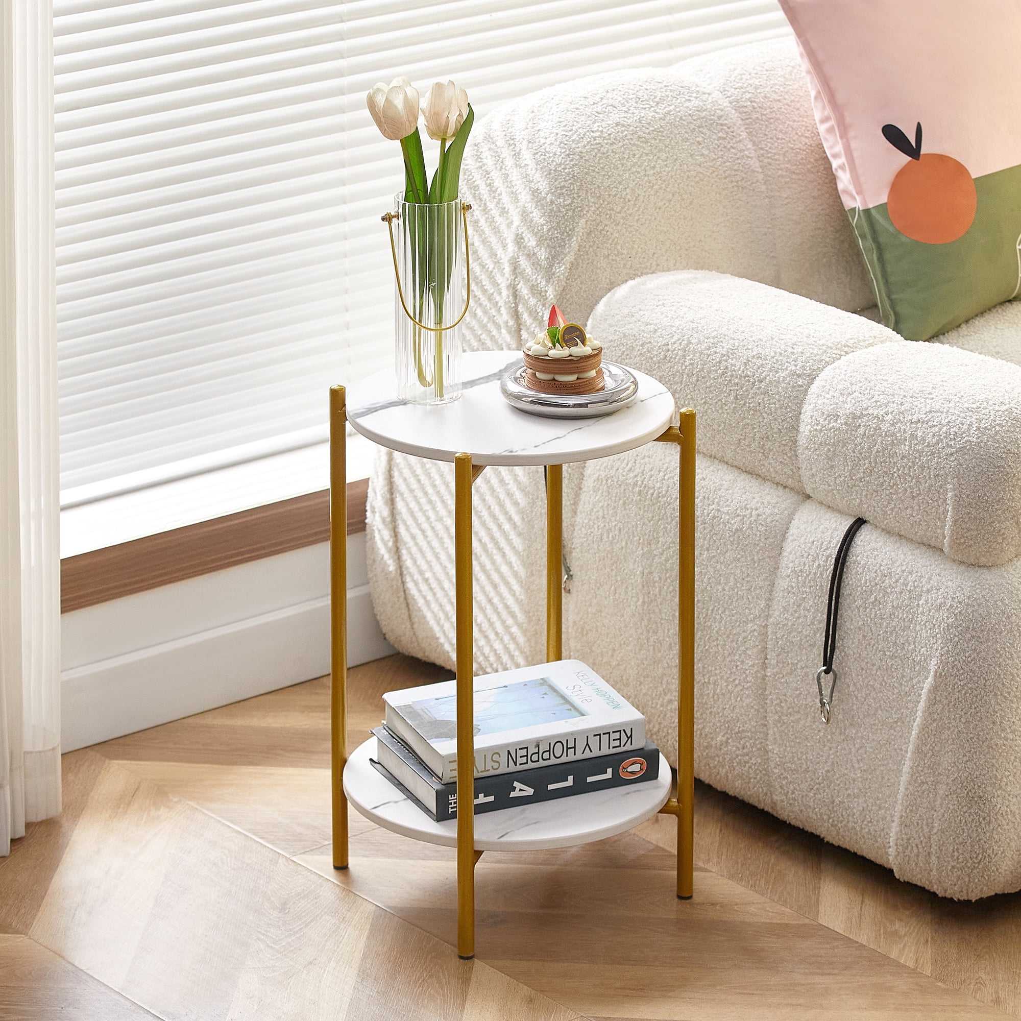 Yardi Yard 2-Tier Small Accent Table with with Faux Marble Tabletop, Round Metal Gold End Table for Sofa Side