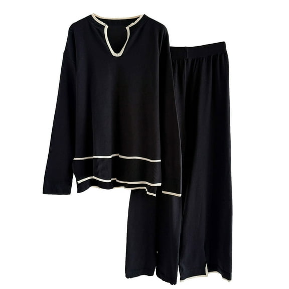 Lounge Sets for Women Knit Long Sleeve Pullover Tops Wide Leg Pants 2 Piece Sweater Sets Black Free Size