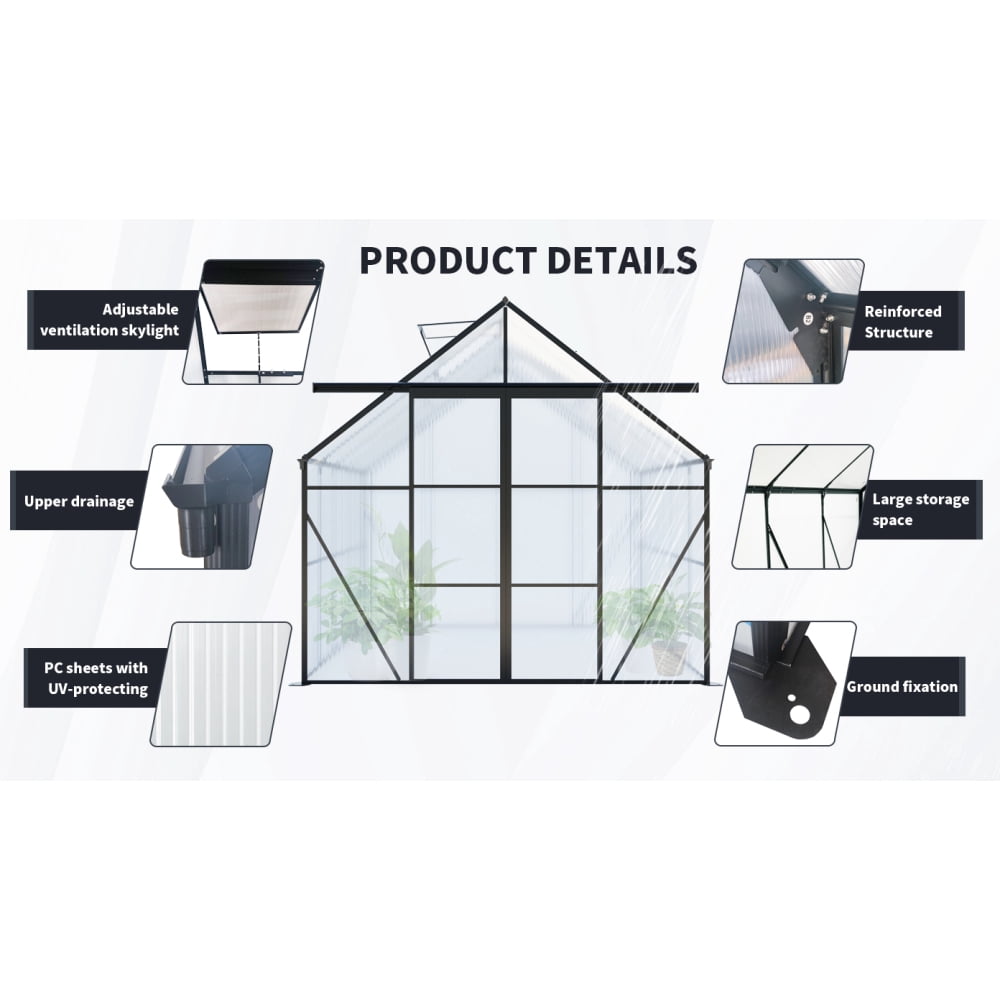 8x10FT Double Door Polycarbonate Greenhouse - Heavy-Duty Walk-In Design with Raised Base and Anchors. Perfect for Year-Round Gardening in Your Backyard. Stylish Black Finish for Every Season
