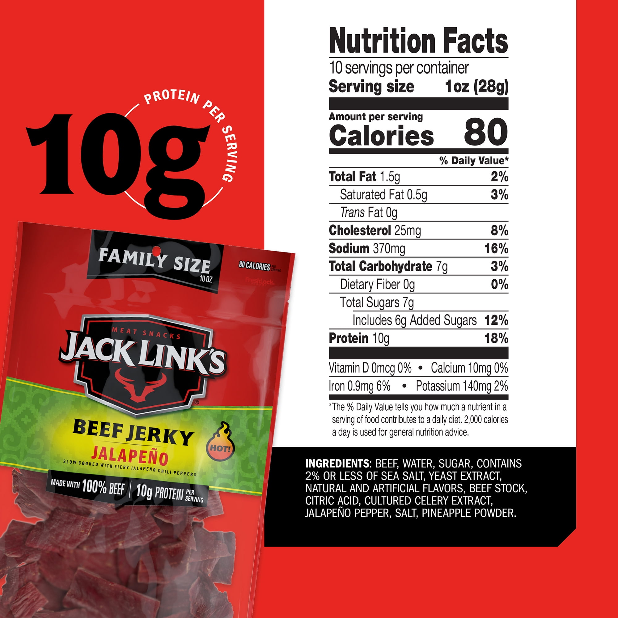 (8 pack) Jack Link’s Spicy Beef Jerky, Jalapeño, Made With 100% Beef, 10g of Protein per Serving, 10 Ounce Bulk Bag