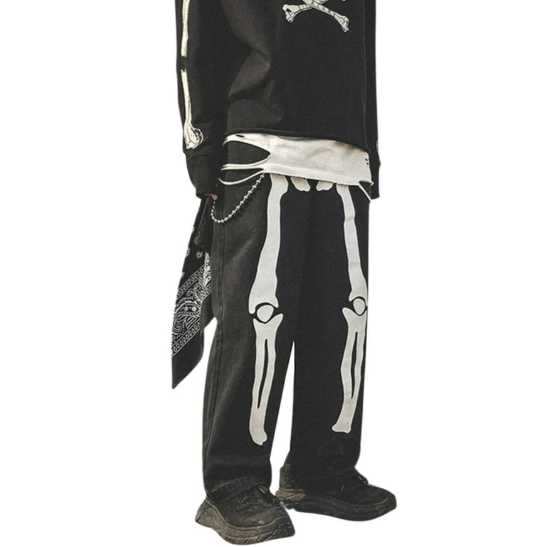 ZIYIXIN Men Women Halloween Trousers with Skull Pattern, Y2K Zipper Wide  Leg Straight Denim Pants Streetwear 