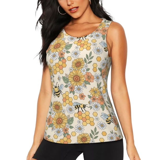 Balery Hippie Bee Honeycomb Camiseta sin mangas estampada ligera para mujer, tops de entrenamiento sin mangas, camisetas de yoga transpirables de secado rápido.-Medium
