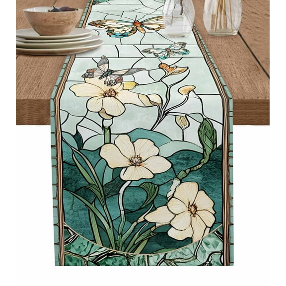 Table Runner Dresser Scarves 70 Inch Long,Retro Watercolor Blooming Flower Linen Dining Table Runners Butterfly Floral Glass Art Tabletop Scarf for Wedding Holiday Party Kitchen