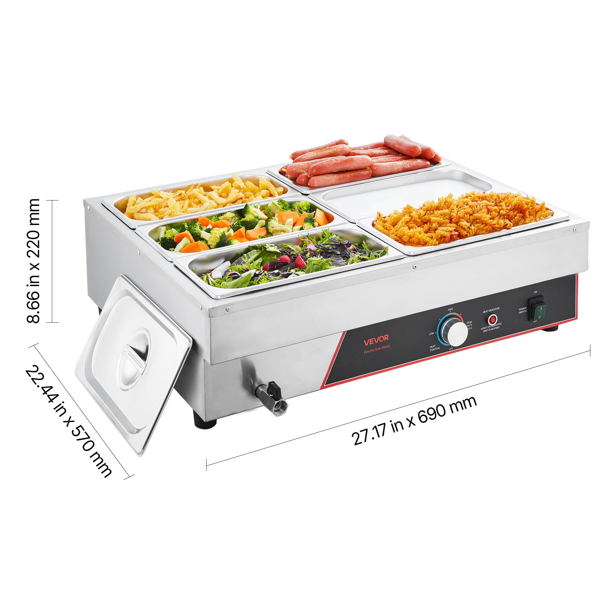 VEVOR Commercial Food Warmer, 1500W Electric Stainless Steel Steam Food Warming with Lid, 6-Pan Fast Heating Countertop Buffet Bain Marie with Power Cord, for Catering, Restaurant, Party & Buffets