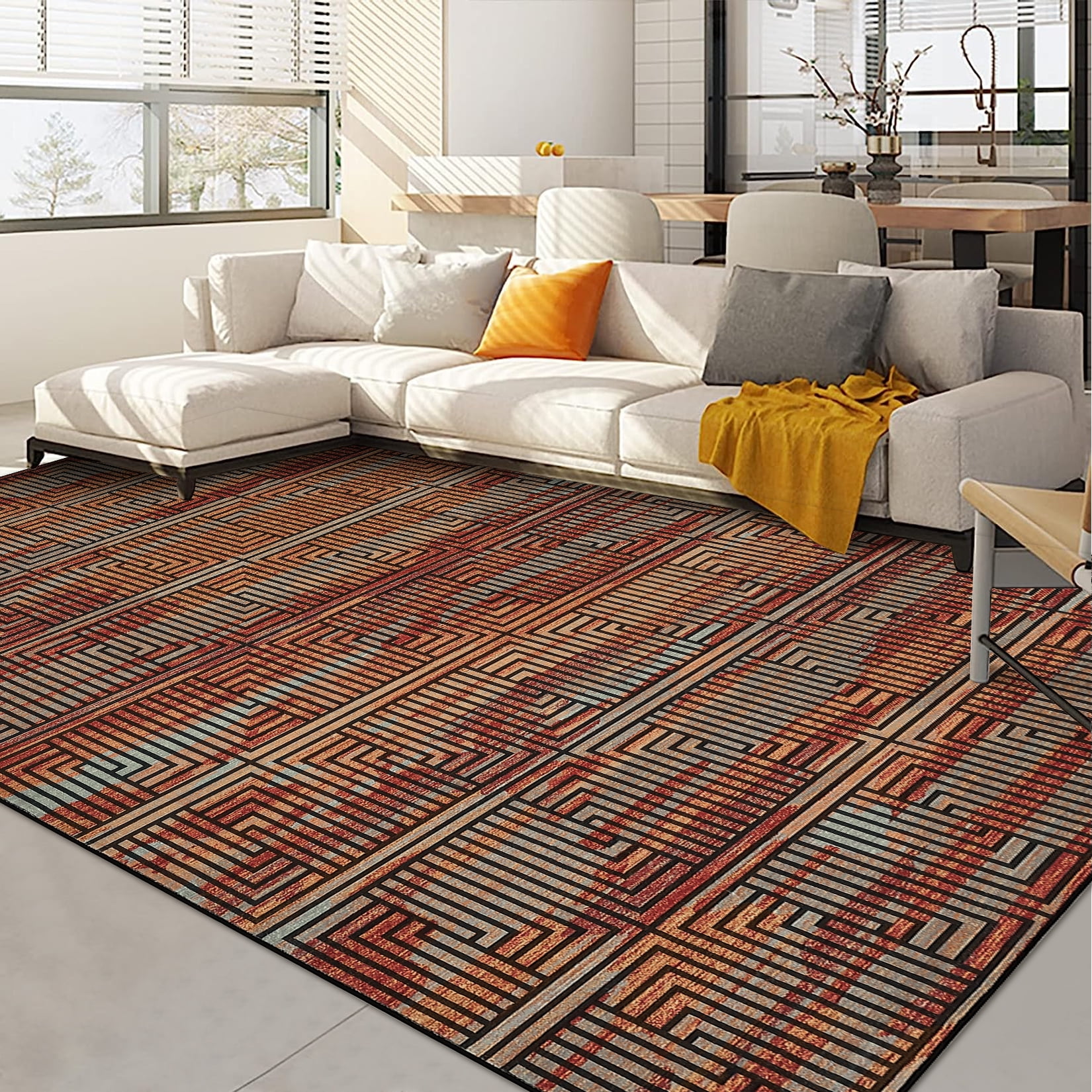Outdoor Rug, 10x13ft Bordered Modern Area Rugs for Indoor and Outdoor Patios, Porches Waterproof Washable Porch Deck Outside Carpet
